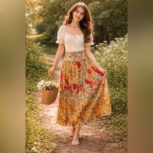 Natural Life Floral Skirt Sz Large Boho Maxi Smocked Waist Slit Cottagecore